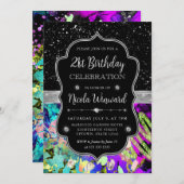 レインボーネオン抽象芸術グリッター21歳 招待状 (正面/裏面)