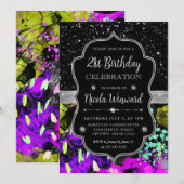 レインボーネオン抽象芸術グリッター21歳 招待状 (正面/裏面)