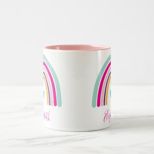 レインボーネームカラフルおもしろいボーデザイン ツートーンマグカップ (中央)