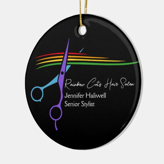 レインボーハサミ美容師シックサロンクリスマス セラミックオーナメント (左)