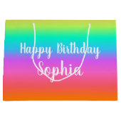 レインボーハッピーバースデー名前をカスタムする ラージペーパーバッグ (正面)