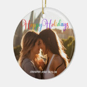 レインボーハッピーホリデーLGBTQカップルの写真 セラミックオーナメント (左)