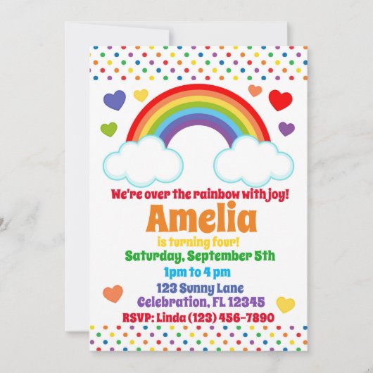 レインボーハートアンドドットガールズ誕生日 招待状 (正面)