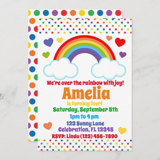 レインボーハートアンドドットガールズ誕生日 招待状 (正面/裏面)