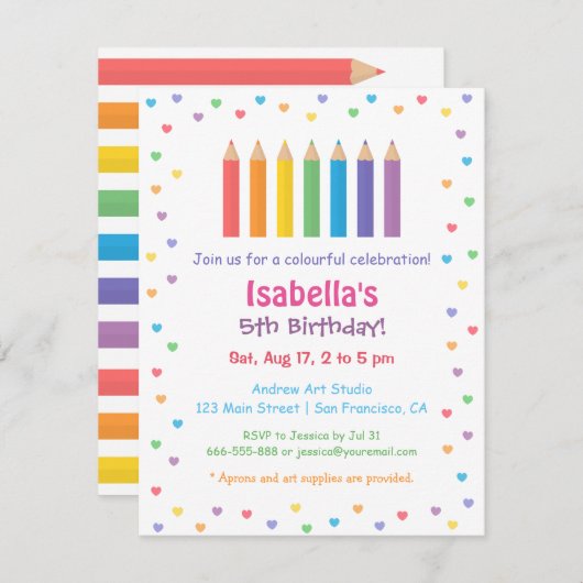レインボーハートカラーリングペンシルアーツ誕生日 招待状 (正面/裏面)