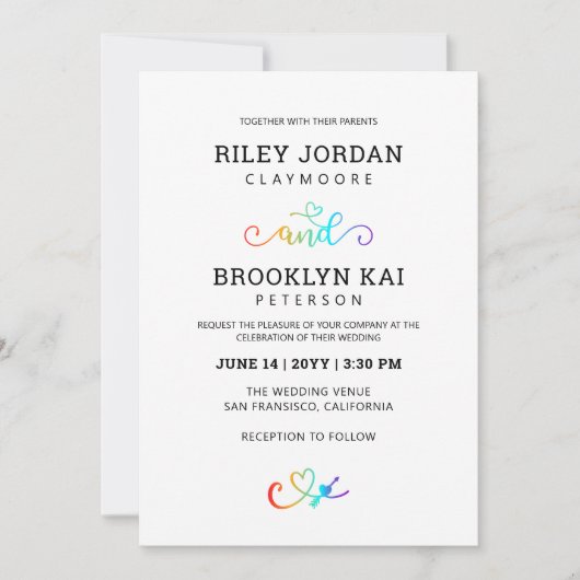 レインボーハートスクリプトかわいい結婚LGBT 招待状 (正面)