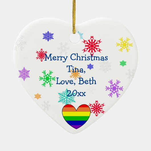 レインボーハートスノーフレーククリスマスLGBTQ セラミックオーナメント (裏面)