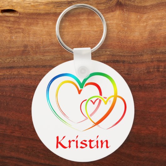 レインボーハートパーソナライズされた名キーチェーン キーホルダー (正面)