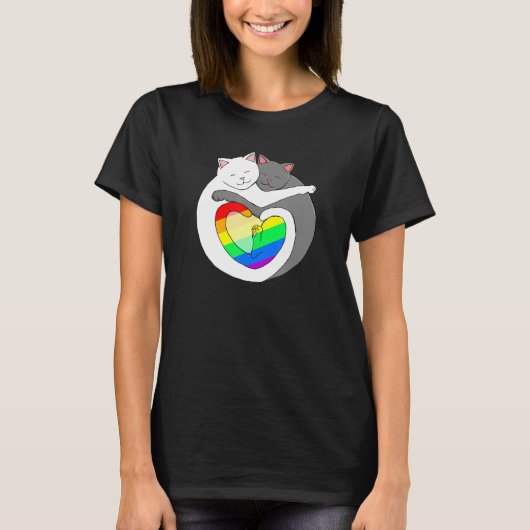レインボーハートプライドネコかわいい子猫Lgbtqia Tシャツ (正面)