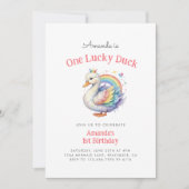 レインボーハートワンラッキーダックガールファースト誕生日 招待状 (正面)