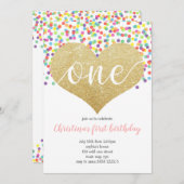 レインボーハートワン紙吹雪ガールファースト誕生日 招待状 (正面/裏面)