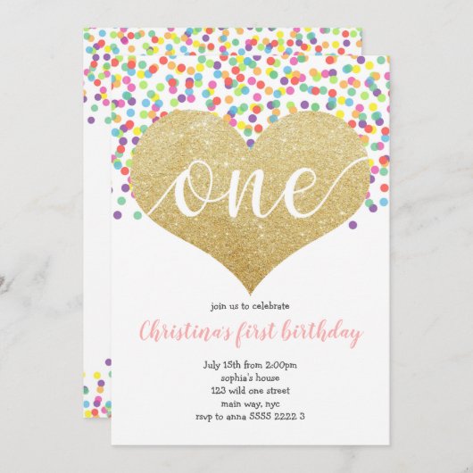 レインボーハートワン紙吹雪ガールファースト誕生日 招待状 (正面/裏面)