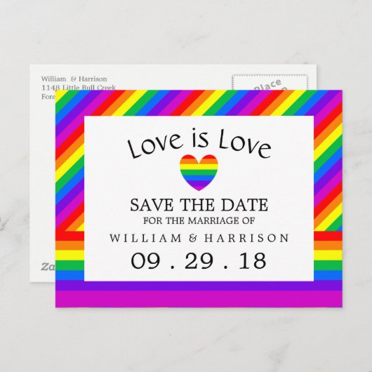 レインボーハート愛はラブウェディング日付を保存 案内ポストカード (正面/裏面)