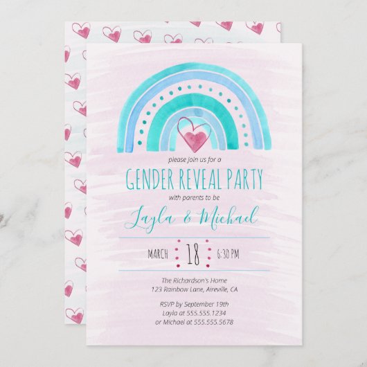 レインボーハート水彩洗性リビール 招待状 (正面/裏面)