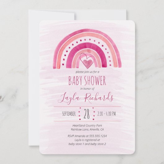 レインボーハート水彩洗浄ピンク赤ちゃんシャワー 招待状 (正面)