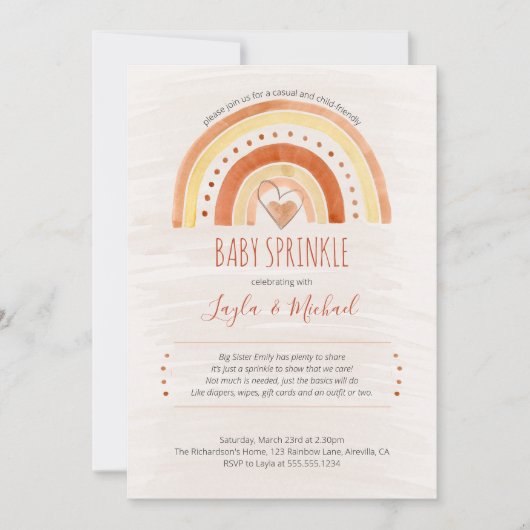レインボーハート水彩洗浄ベビー散布 招待状 (正面)