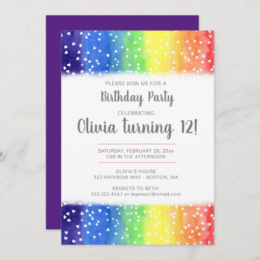 レインボーハート誕生日パーティーの招待 招待状 (正面/裏面)
