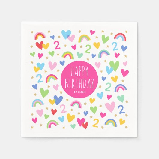 レインボーハート2nd誕生日パーティー名前をカスタムするピンク スタンダードカクテルナプキン (正面)