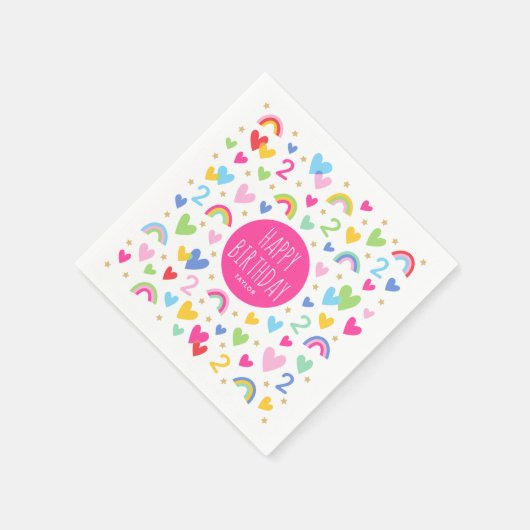 レインボーハート2nd誕生日パーティー名前をカスタムするピンク スタンダードカクテルナプキン (角)