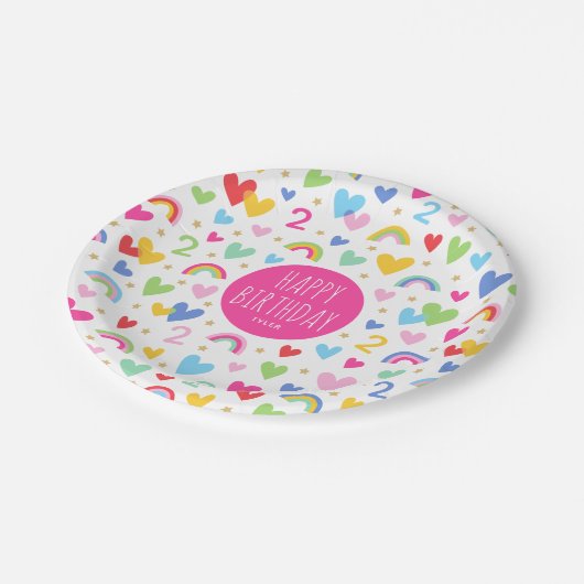レインボーハート2nd誕生日パーティー名前をカスタムするピンク ペーパープレート (アングル)