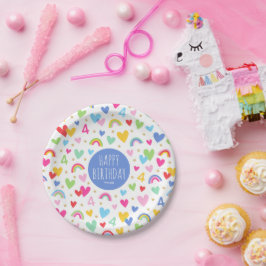 レインボーハート4th誕生日パーティー名前をカスタムするブルー ペーパープレート