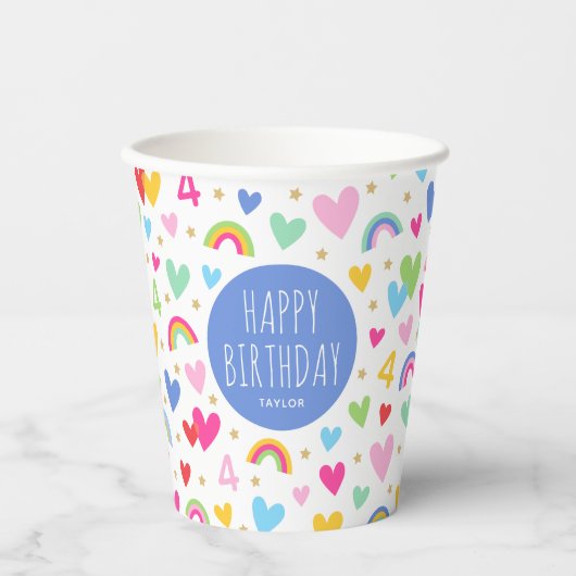 レインボーハート4th誕生日パーティー名前をカスタムするブルー 紙コップ (正面)