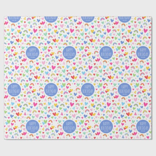 レインボーハート4th誕生日名前をカスタムするブルー ラッピングペーパー (フラット)