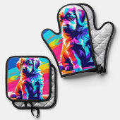 レインボーハードドッグアート 鍋つかみ&鍋敷きセット (正面/裏面)