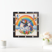 レインボーバタフライお洒落ユニコーン スクエア壁時計 (ホーム)