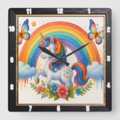レインボーバタフライお洒落ユニコーン スクエア壁時計 (正面)