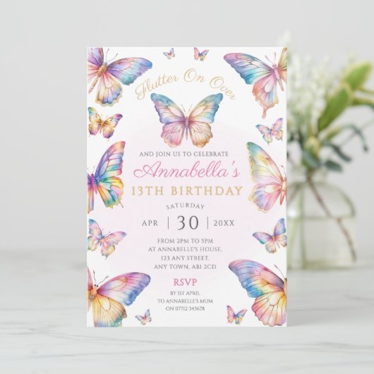 レインボーバタフライバースデーパーティーの招待 招待状 (スタンド正面)