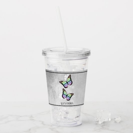 レインボーバタフライパーソナライズされたフローラ アクリルタンブラー (アイス正面)