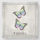 レインボーバタフライパーソナライズされたフローラ ストーンコースター (正面)