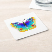 レインボーバタフライピーコックアイ スクエアペーパーコースター (アングル)