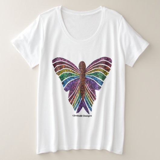 レインボーバタフライ(白) - プラスサイズTシャツ (デザイン正面)