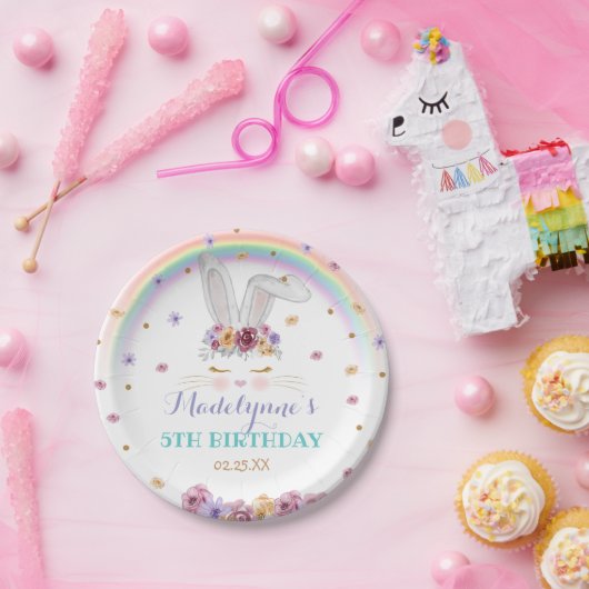レインボーバニーウォーターカラーフローラバニー誕生日 ペーパープレート (パーティー)