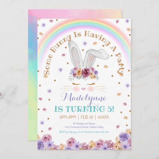 レインボーバニーウォーターカラーフローラバニー誕生日 招待状 (正面/裏面)