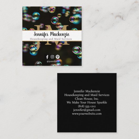 レインボーバブルのハウスキーピングとメイドサービス スクエア名刺 (正面/裏面)