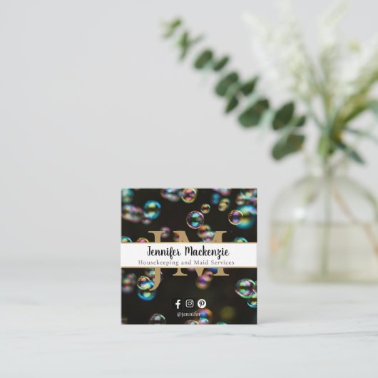 レインボーバブルのハウスキーピングとメイドサービス スクエア名刺 (スタンド正面)