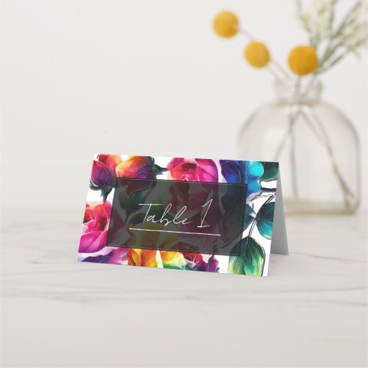 レインボーバラブラック&ホワイト鮮やかフローラ結婚ズ プレイスカード (正面)