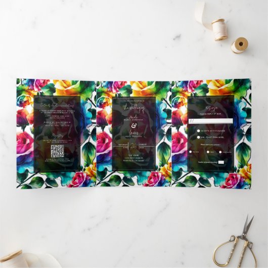 レインボーバラブラック&ホワイト鮮やかフローラ結婚ズ 三つ折り招待状 (内部)