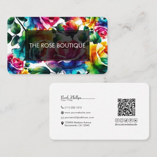 レインボーバラブラック&ホワイト鮮やかフローラ結婚ズ 名刺 (正面/裏面)