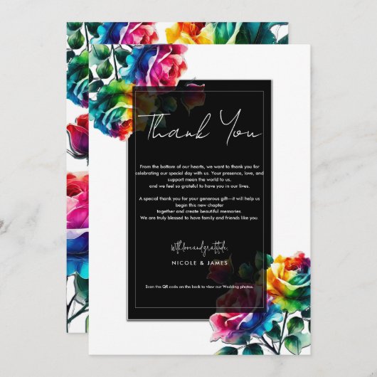 レインボーバラ白黒鮮やかフローラありがとう 招待状 (正面/裏面)