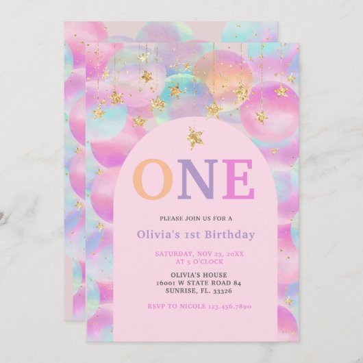 レインボーバルーンピンクアーチ1st誕生日パーティー 招待状 (正面/裏面)