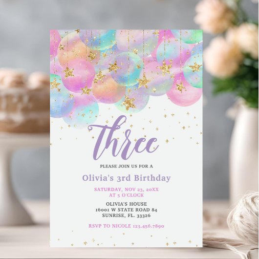 レインボーバルーンピンク3rd誕生日パーティー 招待状