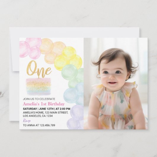 レインボーバルーンファースト誕生日フォト招待状 サンキューカード (正面)