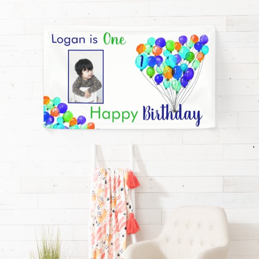 レインボーバルーンボーイ1stバースデーフォトブルーグリーン 横断幕 (インサイチュ)