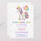 レインボーバルーンユニコーン誕生日招待状 招待状 (正面/裏面)