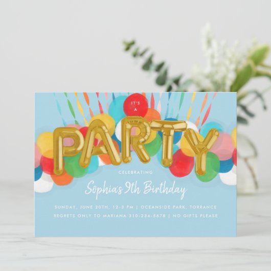 レインボーバルーン子供の誕生日パーティースカイブルー 招待状 (スタンド正面)