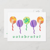 レインボーバルーン誕生日パーティーの招待状 インビテーションポストカード (正面/裏面)